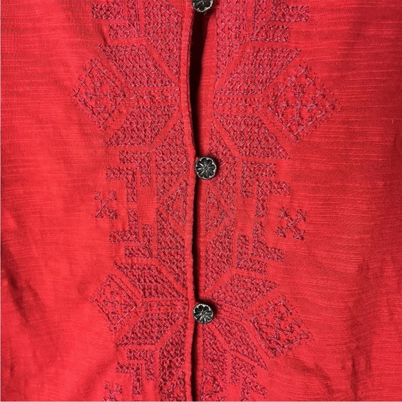 J. Jill Shirt Size XL Tunic Top Embroidered Long Sleeves Red Side Slits Cotton - Picture 4 of 7